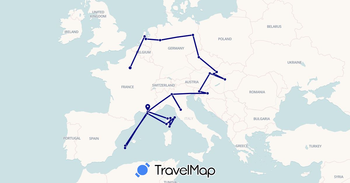 TravelMap itinerary: driving in Austria, Czech Republic, Germany, Spain, France, Croatia, Hungary, Italy, Netherlands, Slovenia, Slovakia (Europe)
